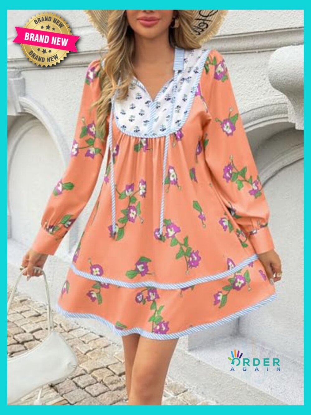Floral Boho Babydoll Mini Dress V Neck Flowy Short Shift Long Sleeve Patchwork - Picture 5 of 7